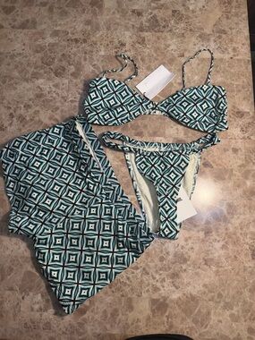 triangl swimwear Teal, White & Black Geometric Triangle Bikini Set with Cover-Up